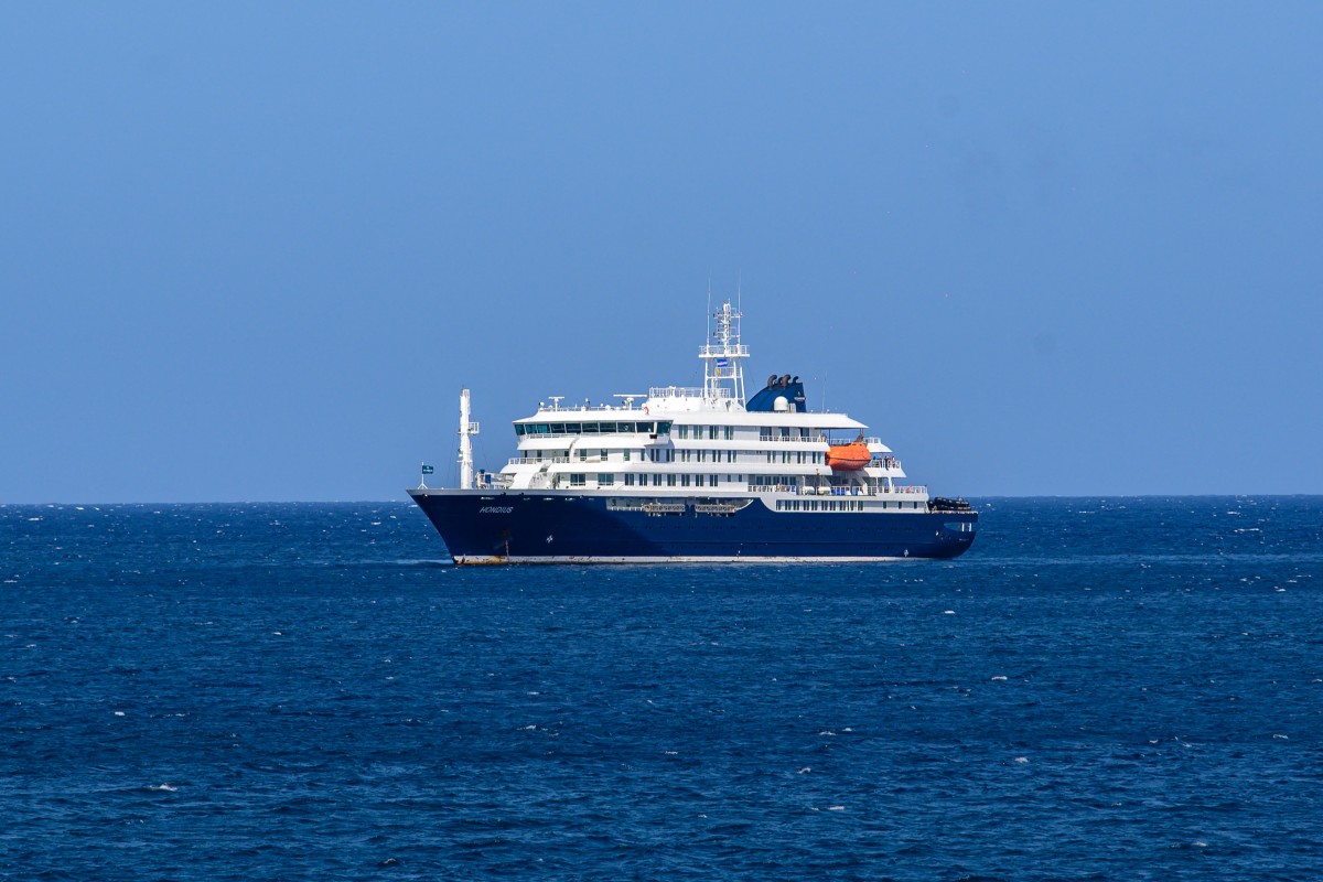 A general view of the cruise ship MV Hondius stationary off the port of Praia, the capital of Cape Verde, on May 3, 2026.